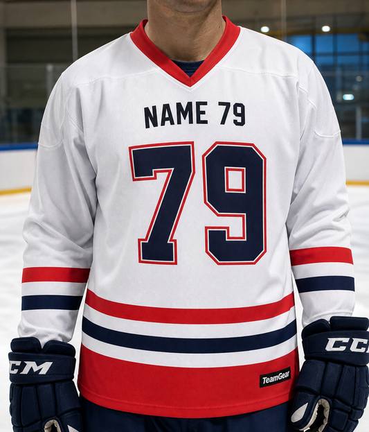 NHL Inspired Hockey Socks: Montreal Canadiens White — custom hockey socks worn on model — TeamGear Canada