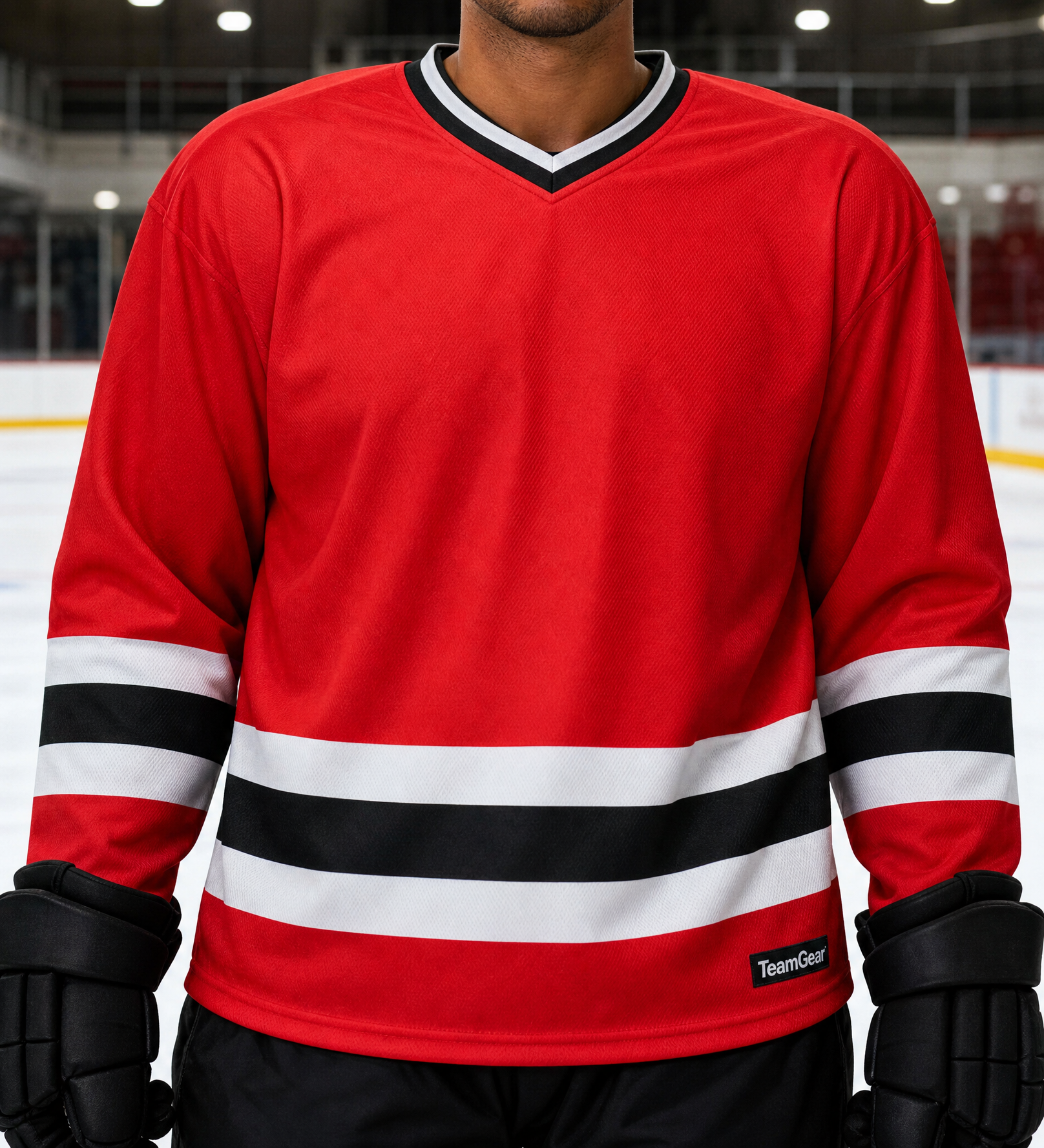 NHL Inspired Hockey Socks: New Jersey Devils Red — custom hockey socks worn on model — TeamGear Canada
