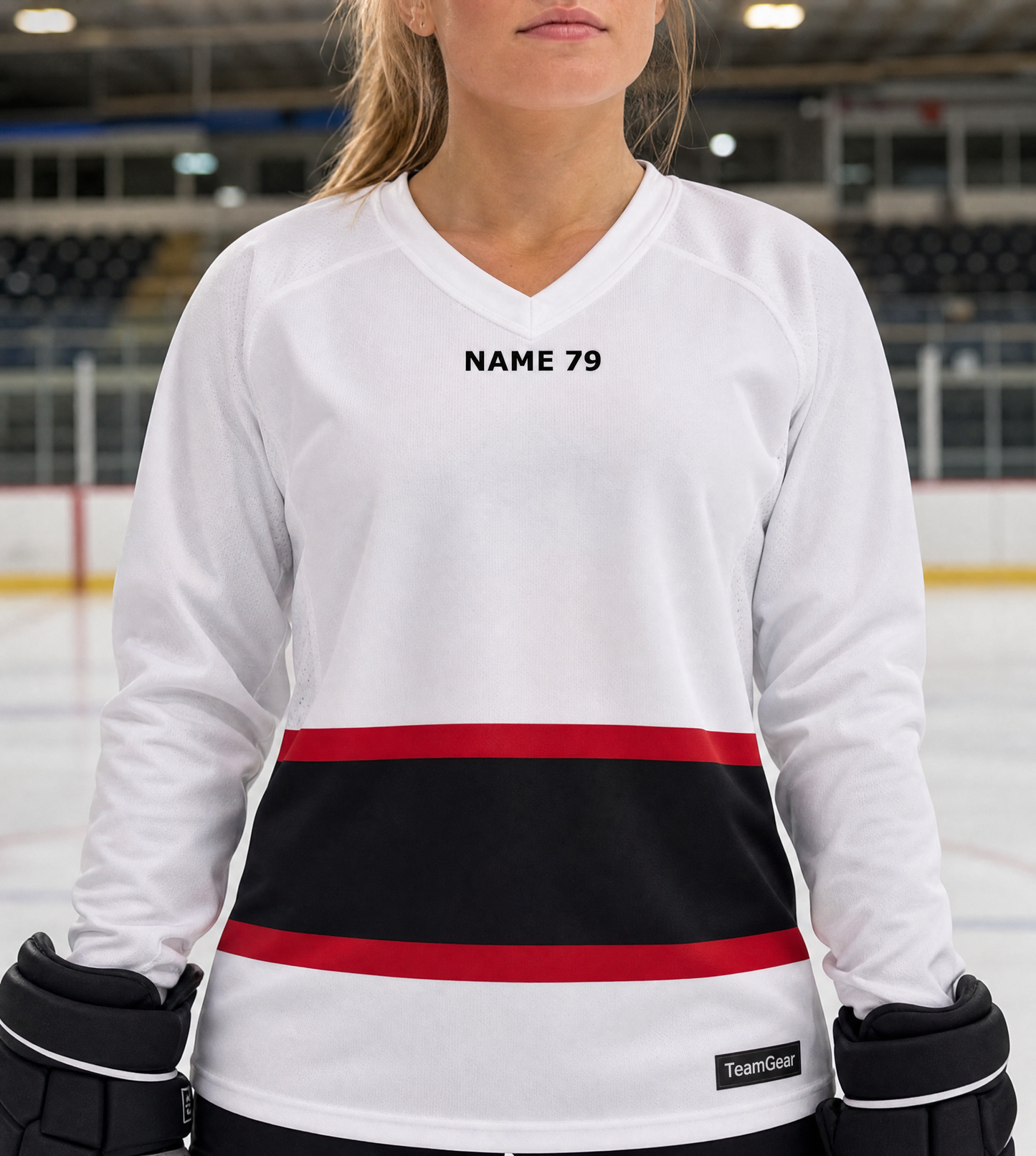 NHL Inspired Hockey Socks: New Jersey Devils White — custom hockey socks worn on model — TeamGear Canada