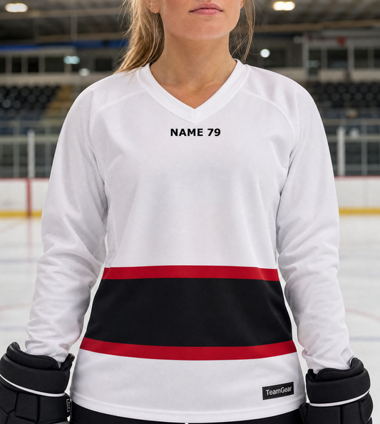 NHL Inspired Hockey Socks: New Jersey Devils White — custom hockey socks worn on model — TeamGear Canada