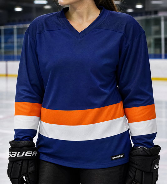 NHL Inspired Hockey Socks: New York Islanders 3rd Alternate — custom hockey socks worn on model — TeamGear Canada