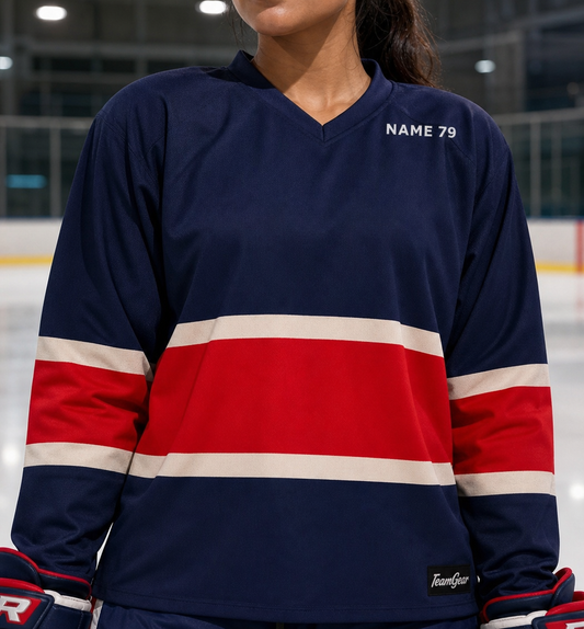 NHL Inspired Hockey Socks: New York Rangers Navy — custom hockey socks worn on model — TeamGear Canada