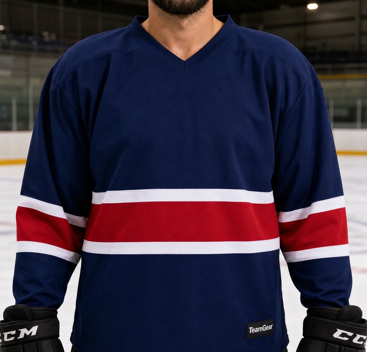 NHL Inspired Hockey Socks: New York Rangers Royal Blue — custom hockey socks worn on model — TeamGear Canada