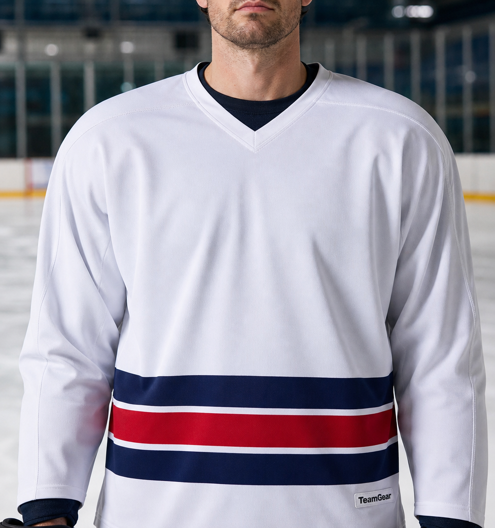 NHL Inspired Hockey Socks: New York Rangers White — custom hockey socks worn on model — TeamGear Canada