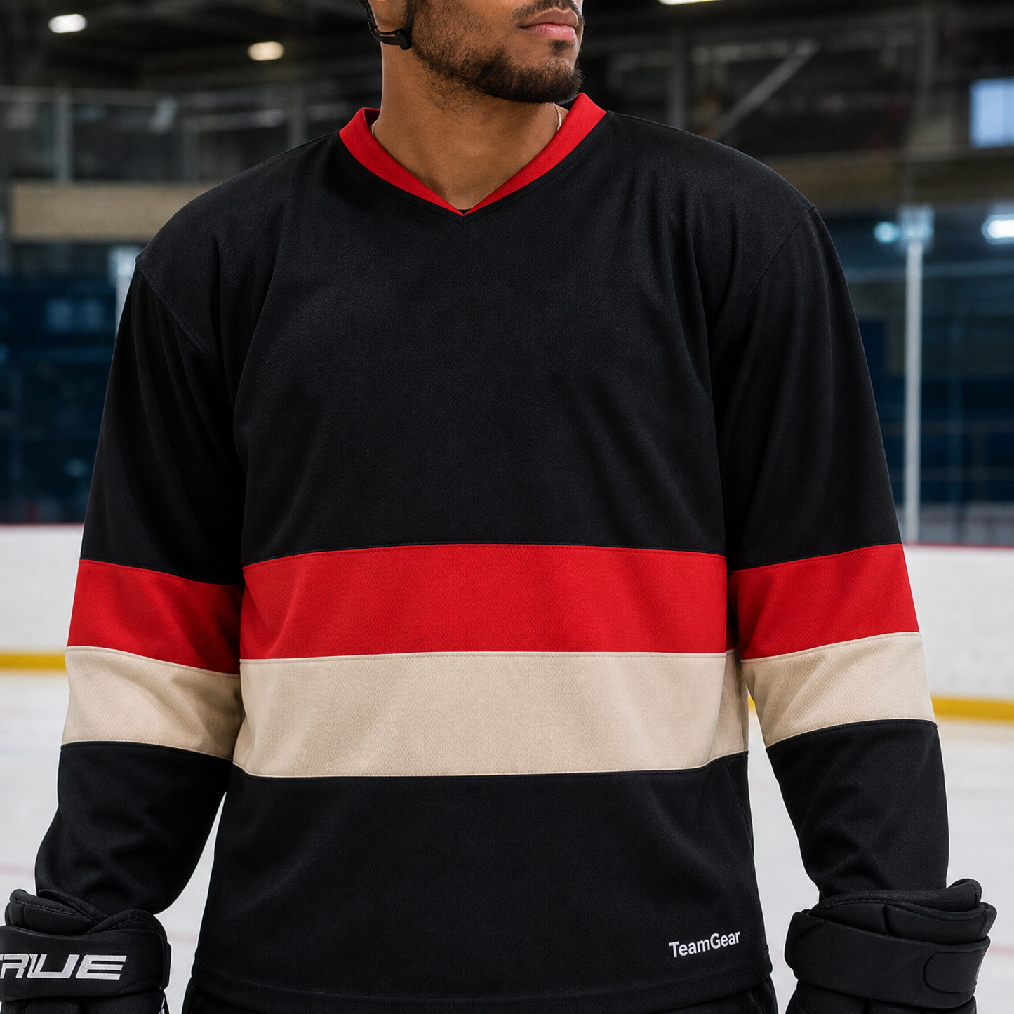 NHL Inspired Hockey Socks: Ottawa Senators 3rd Alternate — custom hockey socks worn on model — TeamGear Canada