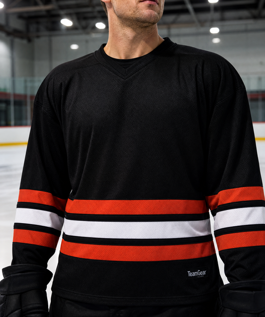 NHL Inspired Hockey Socks: Philadelphia Flyers Black 2007-2010 — custom hockey socks worn on model — TeamGear Canada
