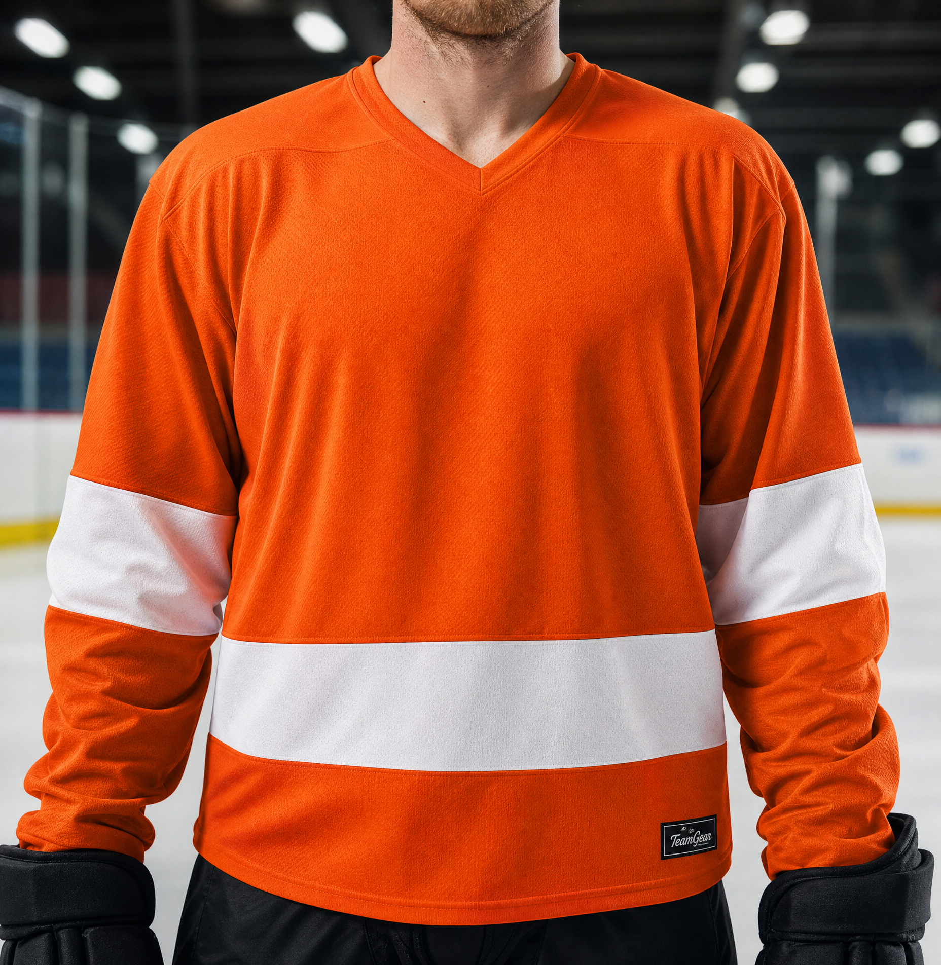NHL Inspired Hockey Socks: Philadelphia Flyers Orange — custom hockey socks worn on model — TeamGear Canada