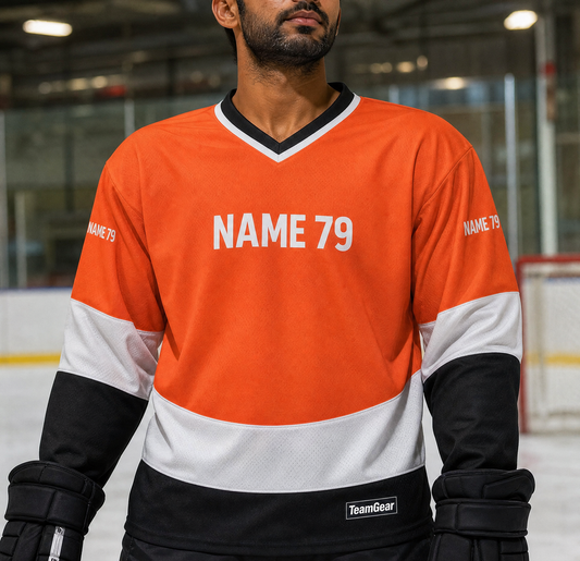 NHL Inspired Hockey Socks: Philadelphia Flyers White 2007-2010 — custom hockey socks worn on model — TeamGear Canada