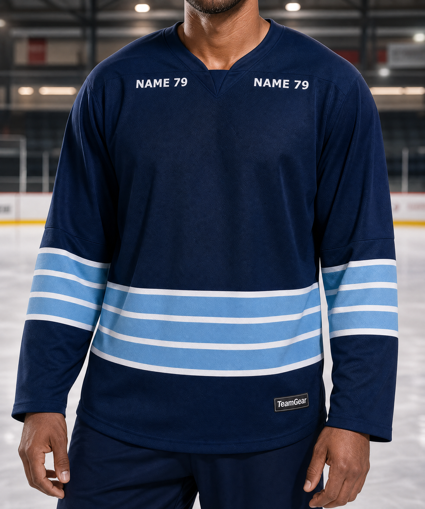 NHL Inspired Hockey Socks: Pittsburgh Penguins Navy 3rd Alternate — custom hockey socks worn on model — TeamGear Canada