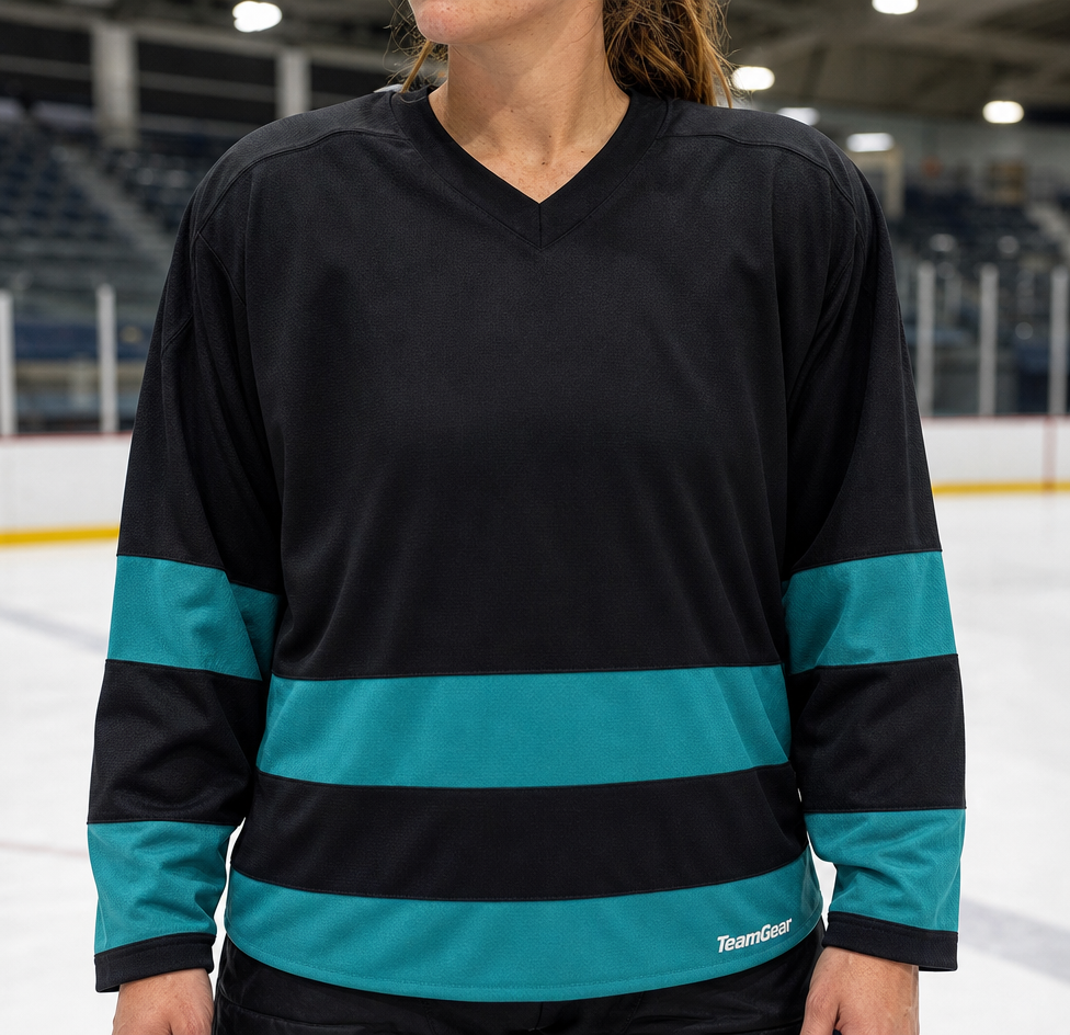 NHL Inspired Hockey Socks: San Jose Sharks Black — custom hockey socks worn on model — TeamGear Canada