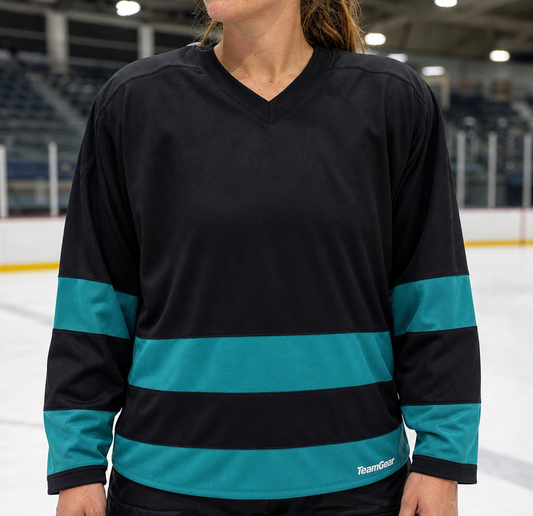 NHL Inspired Hockey Socks: San Jose Sharks Black — custom hockey socks worn on model — TeamGear Canada