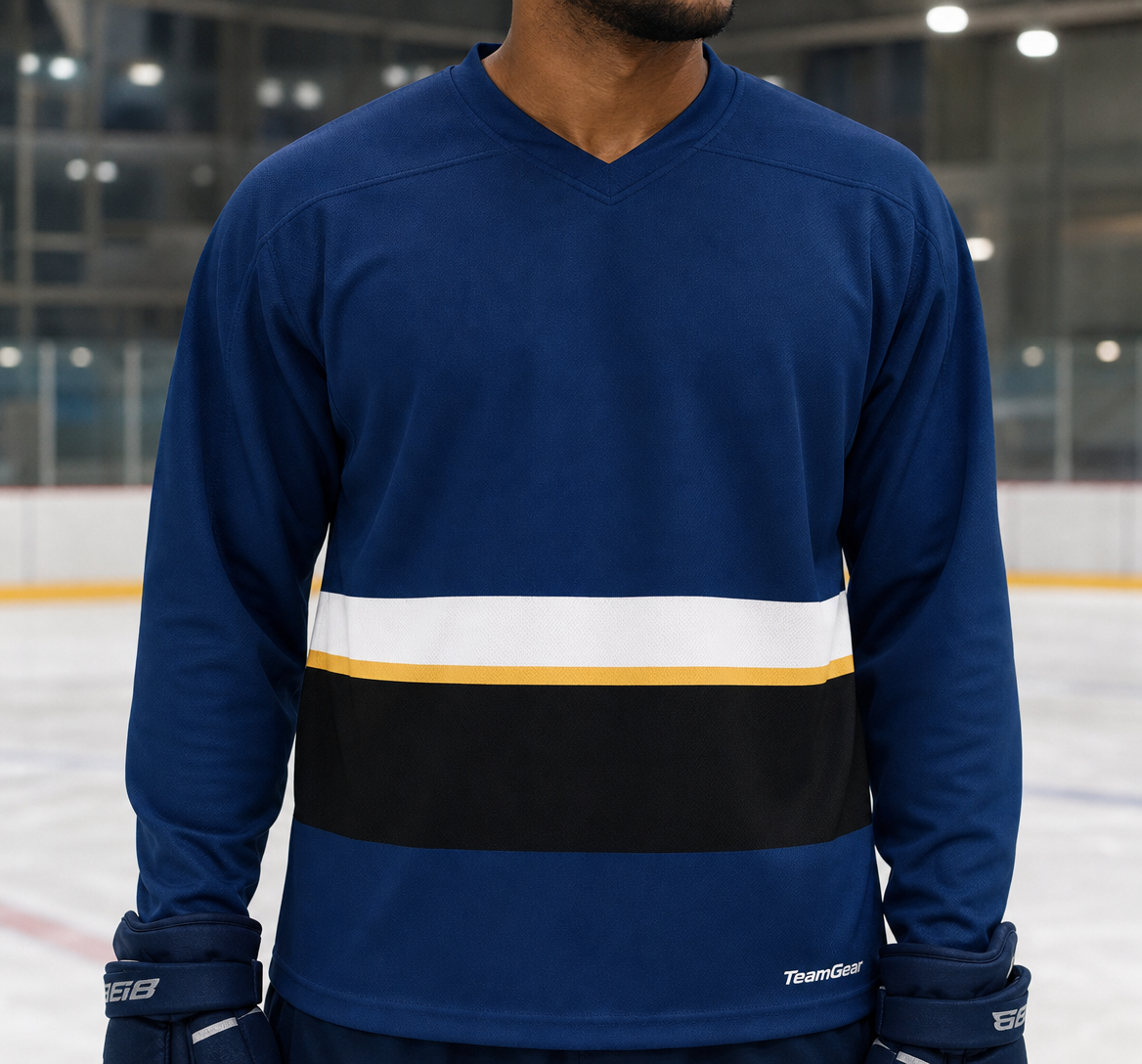 NHL Inspired Hockey Socks: St. Louis Blues Royal Blue 2007-2014 — custom hockey socks worn on model — TeamGear Canada
