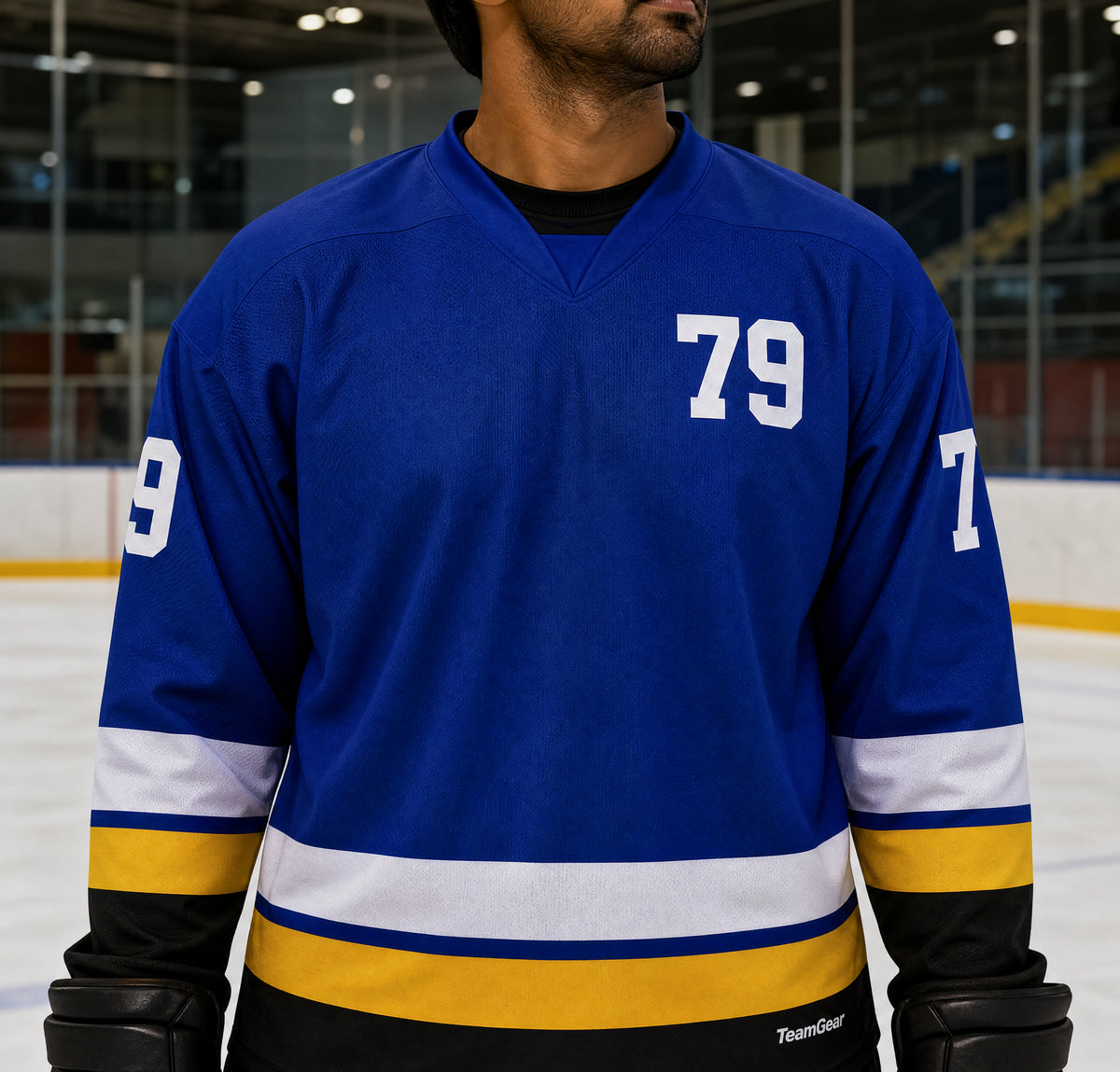 NHL Inspired Hockey Socks: St. Louis Blues Royal Blue — custom hockey socks worn on model — TeamGear Canada