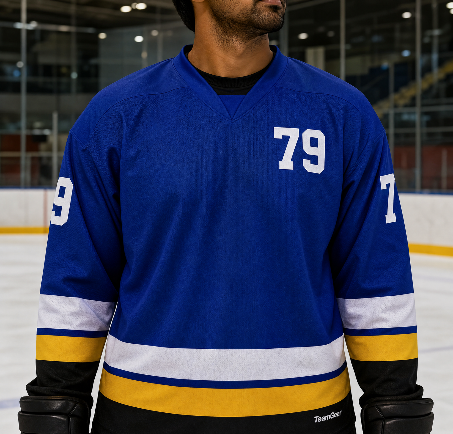 NHL Inspired Hockey Socks: St. Louis Blues Royal Blue — custom hockey socks worn on model — TeamGear Canada