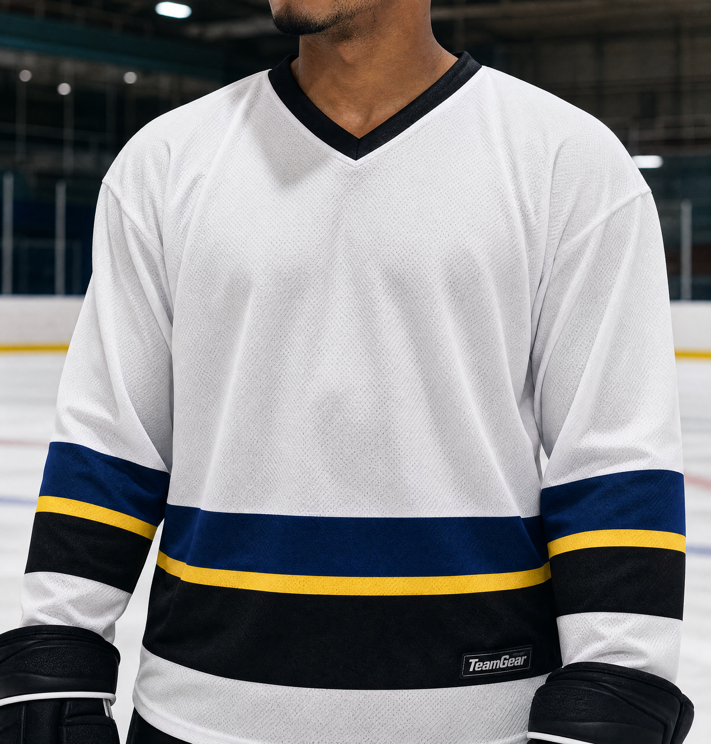 NHL Inspired Hockey Socks: St. Louis Blues White 2007-2014 — custom hockey socks worn on model — TeamGear Canada