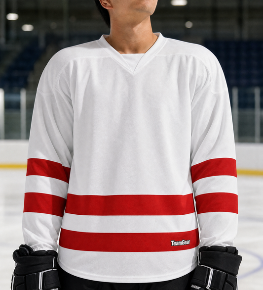 NHL Inspired Hockey Socks: Team Canada White — custom hockey socks worn on model — TeamGear Canada