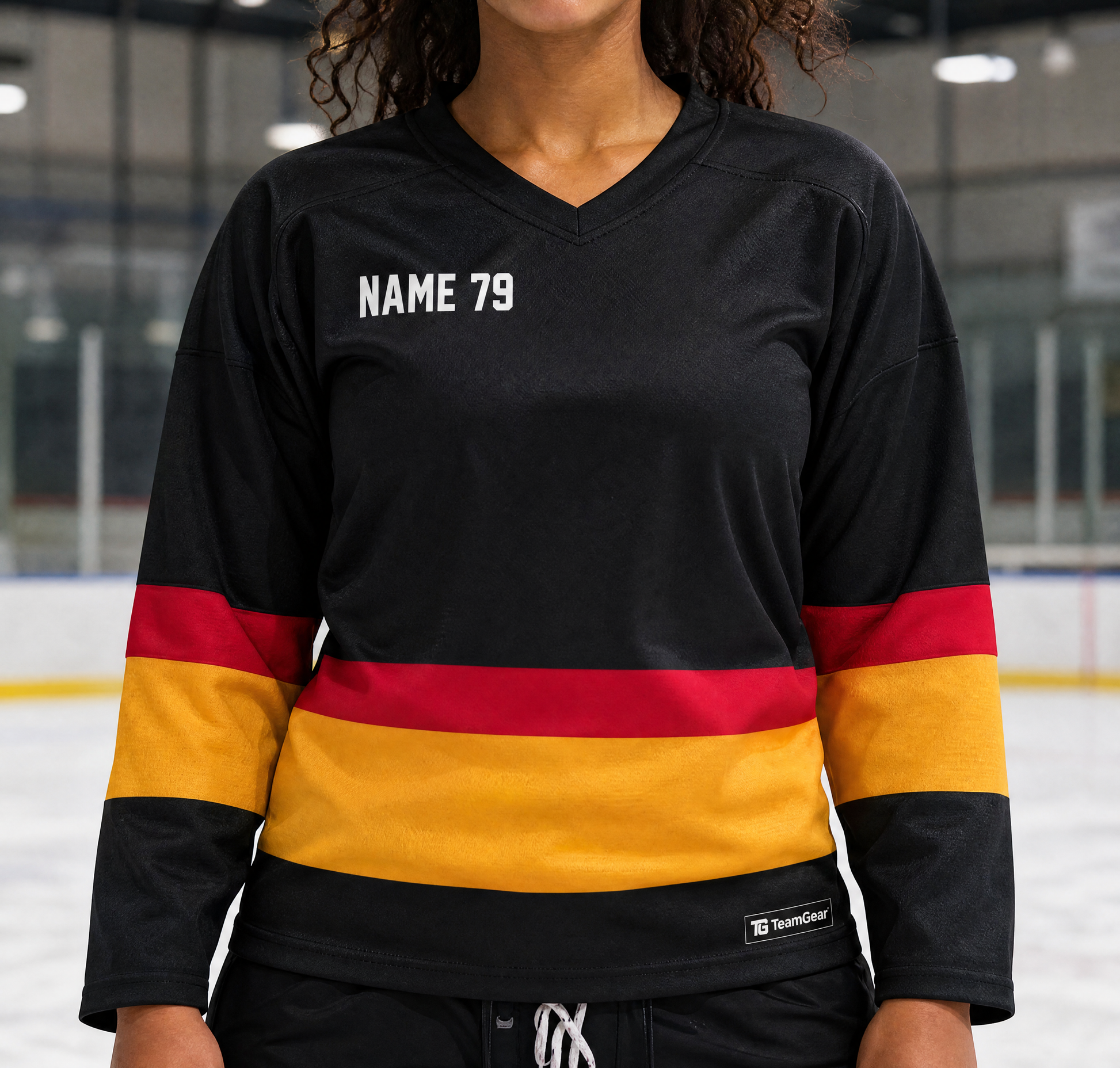 NHL Inspired Hockey Socks: Vancouver Canucks Retro Black — custom hockey socks worn on model — TeamGear Canada