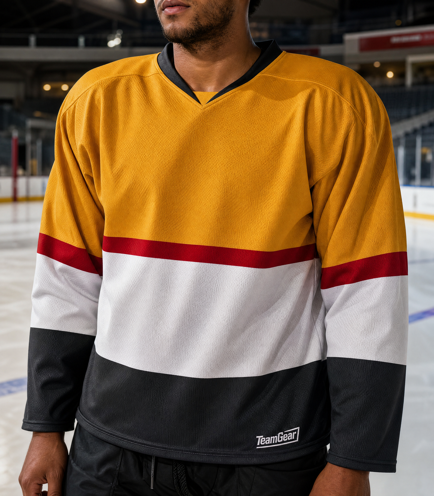NHL Inspired Hockey Socks: Vegas Golden Knights Gold — custom hockey socks worn on model — TeamGear Canada