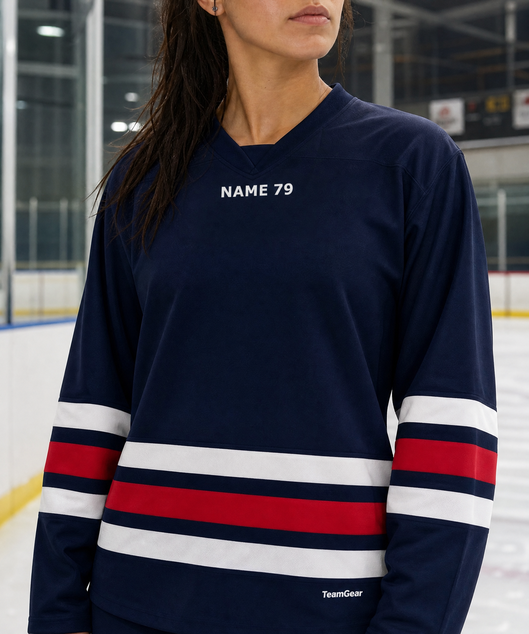 NHL Inspired Hockey Socks: Winnipeg Jets Heritage Navy — custom hockey socks worn on model — TeamGear Canada