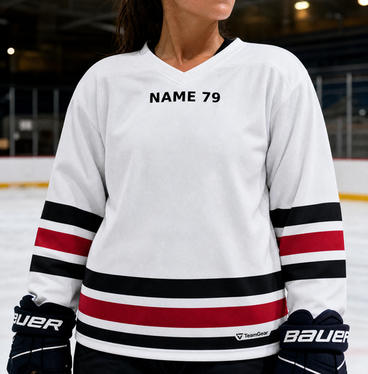 NHL Inspired Hockey Socks: Winnipeg Jets Heritage White — custom hockey socks worn on model — TeamGear Canada