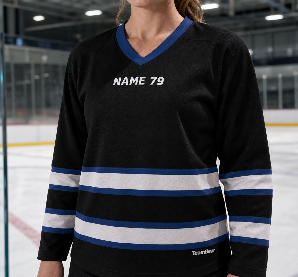 NHL Inspired Hockey Socks: Winnipeg Jets Navy — custom hockey socks worn on model — TeamGear Canada
