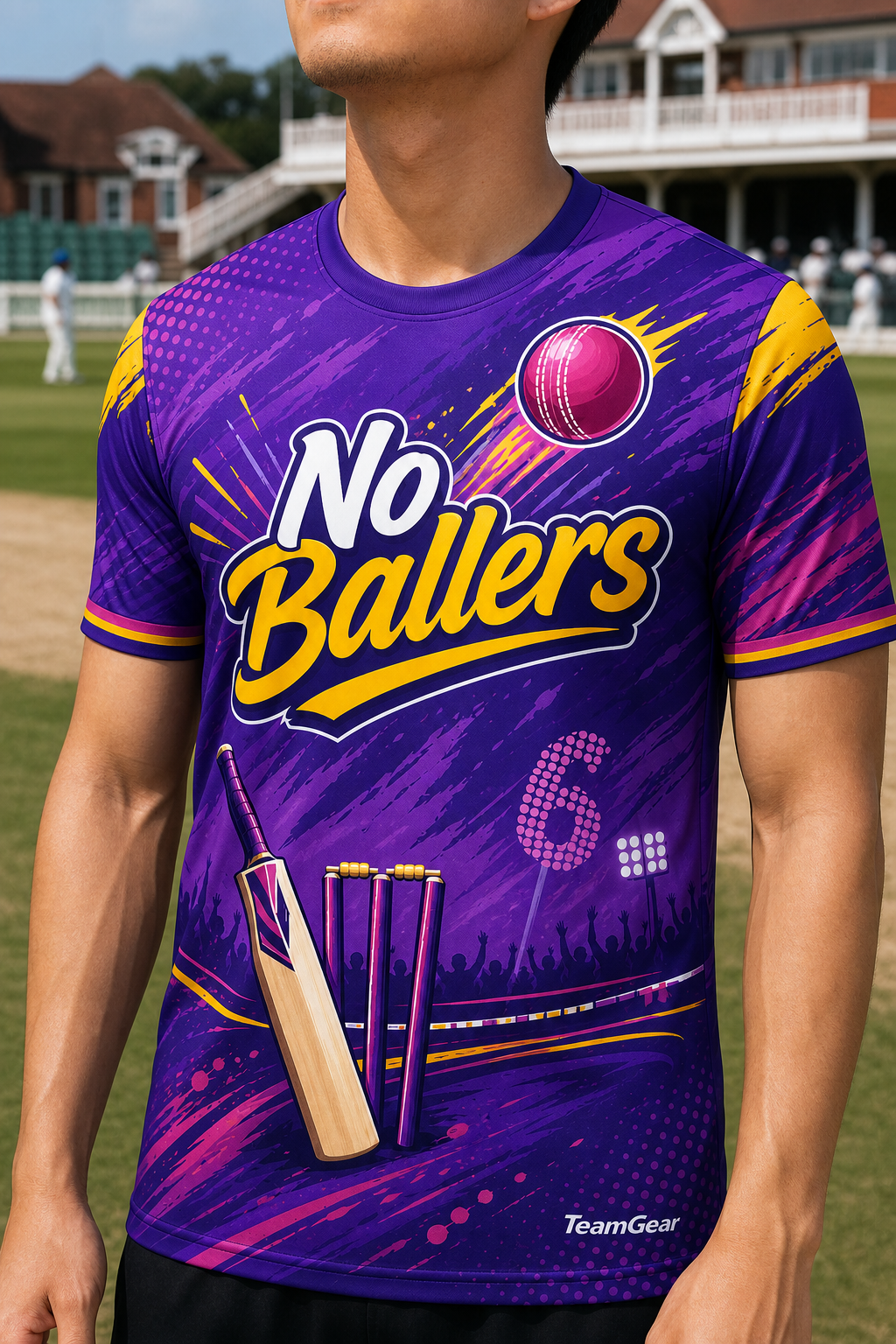 No Ballers Purple Cricket Jersey — custom cricket jersey worn on model — TeamGear Canada