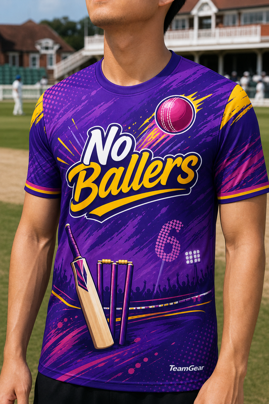 No Ballers Purple Cricket Jersey — custom cricket jersey worn on model — TeamGear Canada