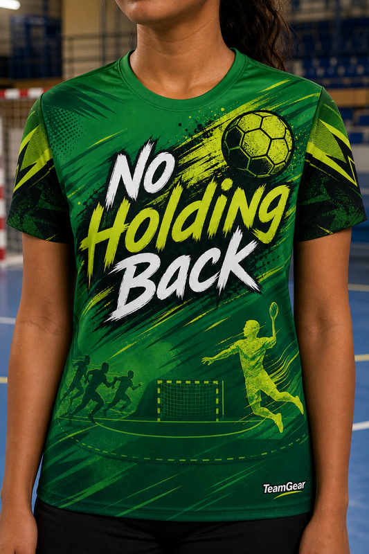 No Holding Back Green Handball Jersey — custom handball jersey worn on model — TeamGear Canada