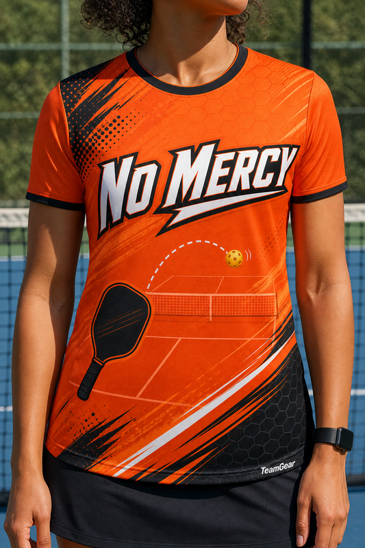 No Mercy Orange Pickleball Jersey — custom pickleball jersey worn on model — TeamGear Canada