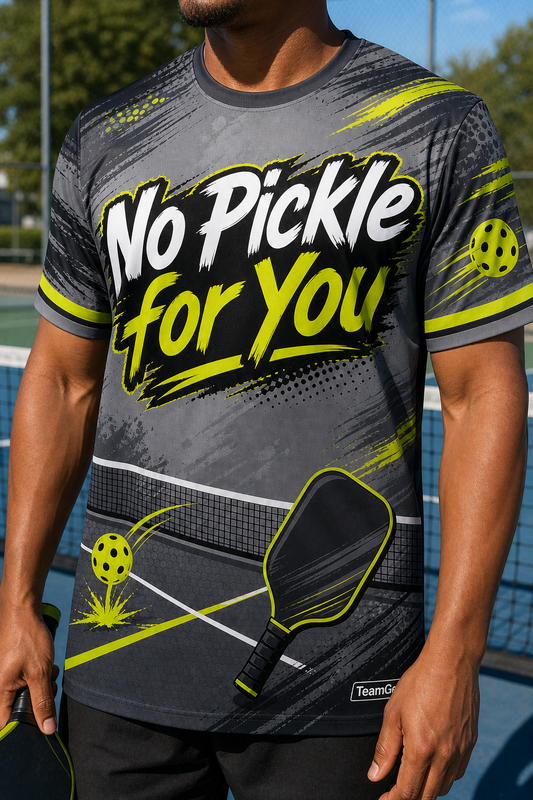 No Pickle for You Grey Pickleball Jersey — custom pickleball jersey worn on model — TeamGear Canada
