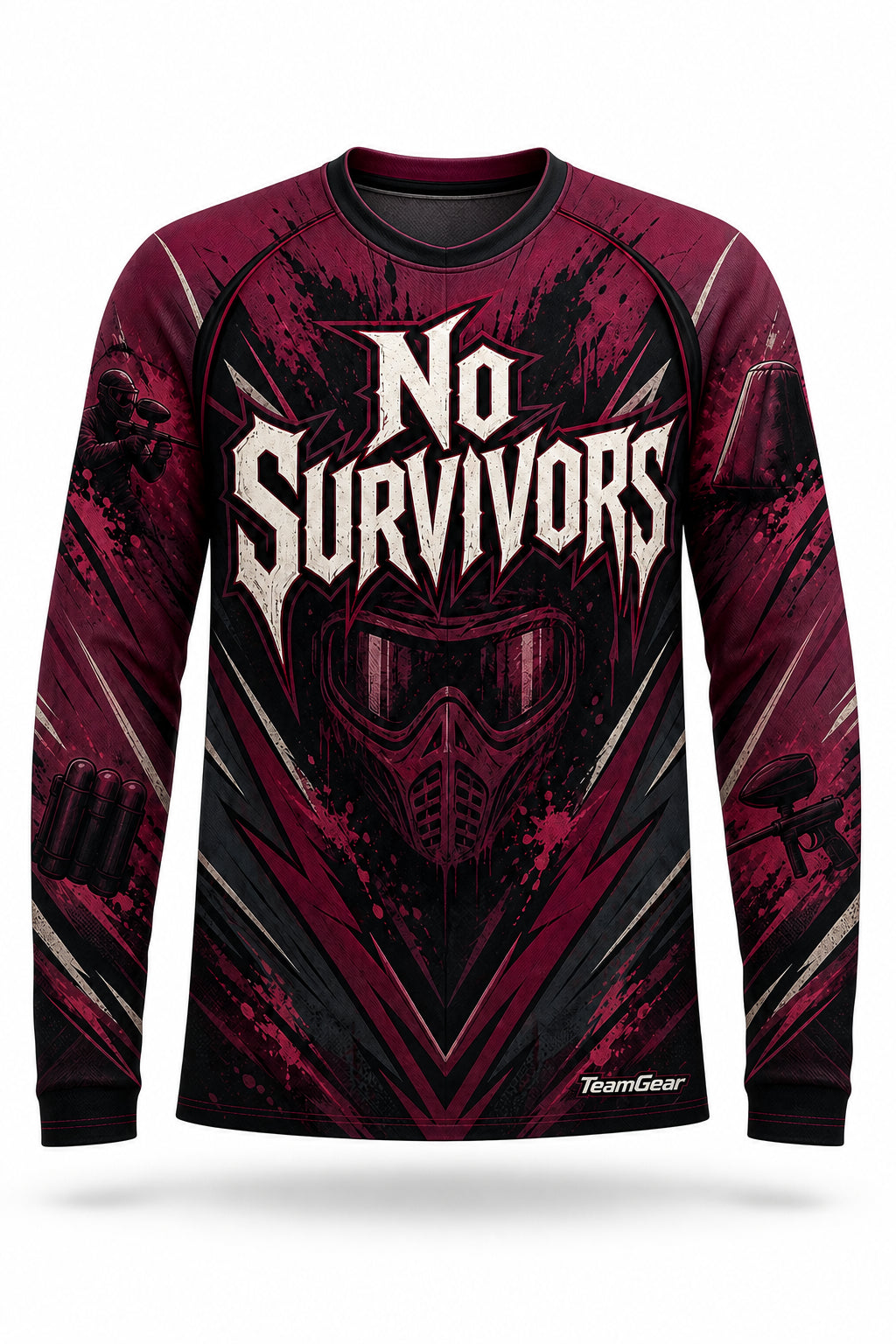 No Survivors Maroon Long Sleeve Paintball Jersey - front and back view