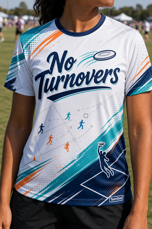 No Turnovers White Ultimate Frisbee Jersey — custom ultimate frisbee jersey worn on model — TeamGear Canada