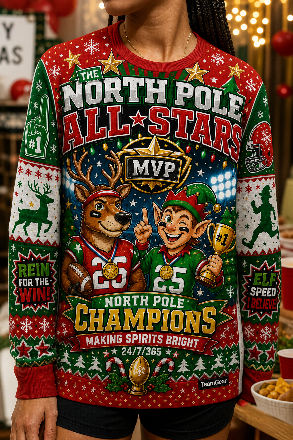 The North Pole All-Stars Ugly Christmas Sweater — custom christmas team apparel worn on model — TeamGear Canada