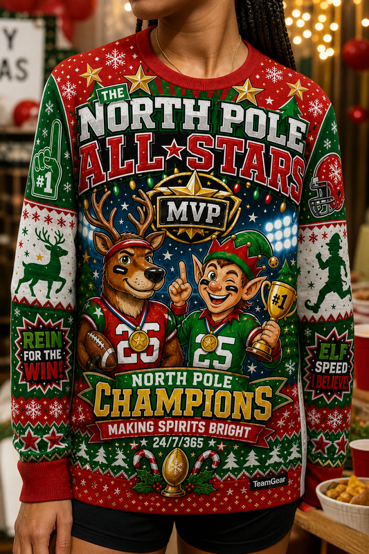 The North Pole All-Stars Ugly Christmas Sweater — custom christmas team apparel worn on model — TeamGear Canada