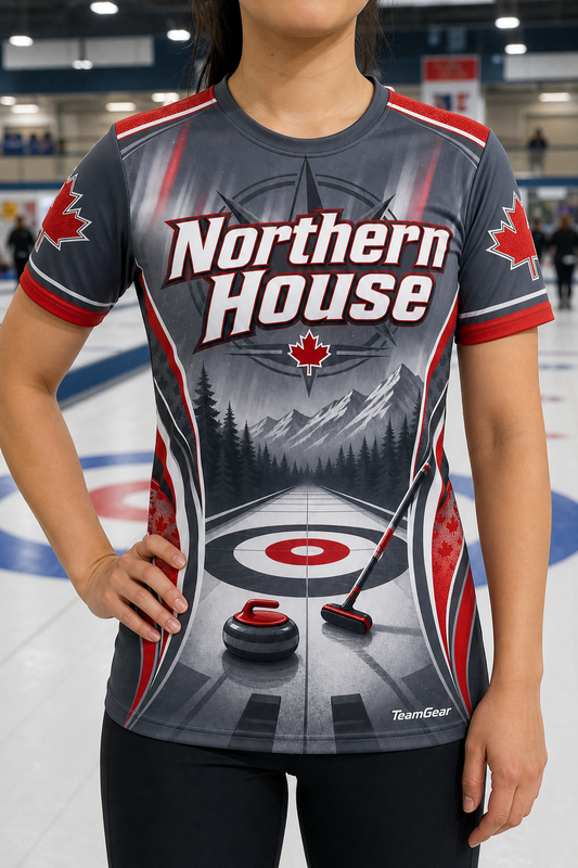 Northern House Grey Curling Jersey — custom curling jersey worn on model — TeamGear Canada