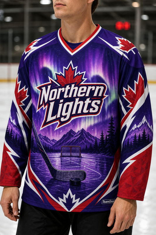 Northern Lights Purple Hockey Jersey — custom hockey jersey worn on model — TeamGear Canada