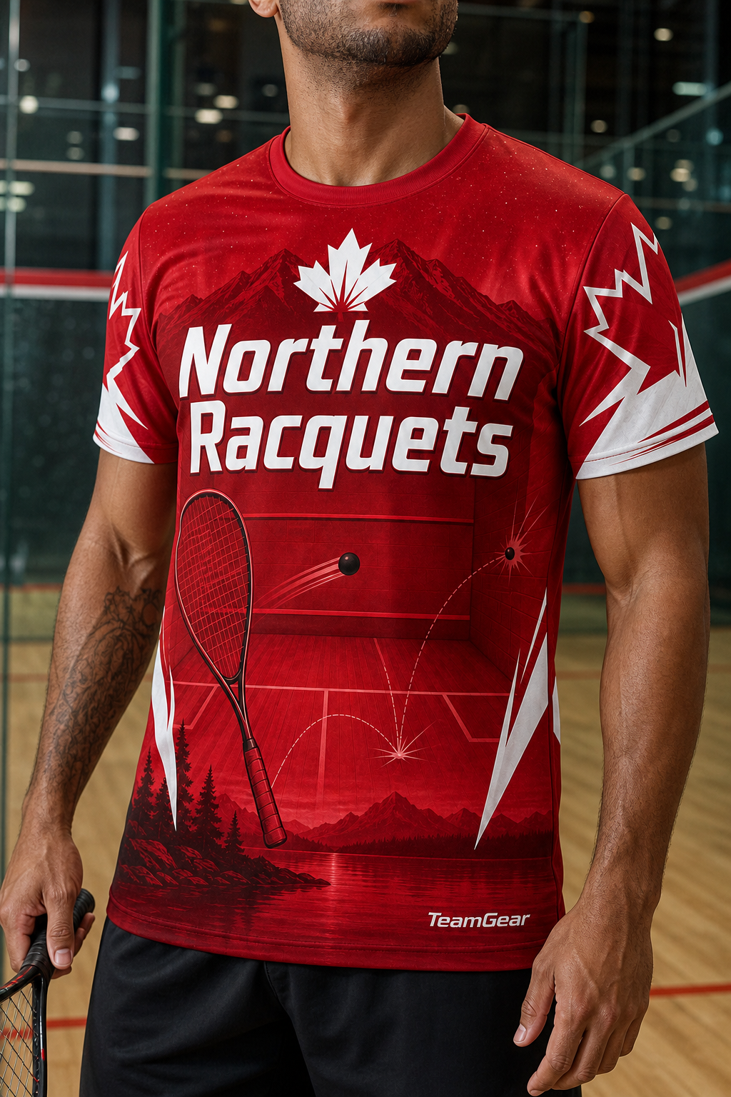 Northern Racquets Crimson Squash Jersey — custom squash jersey worn on model — TeamGear Canada