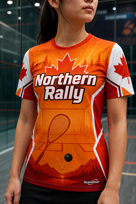 Northern Rally Orange Squash Jersey — custom squash jersey worn on model — TeamGear Canada