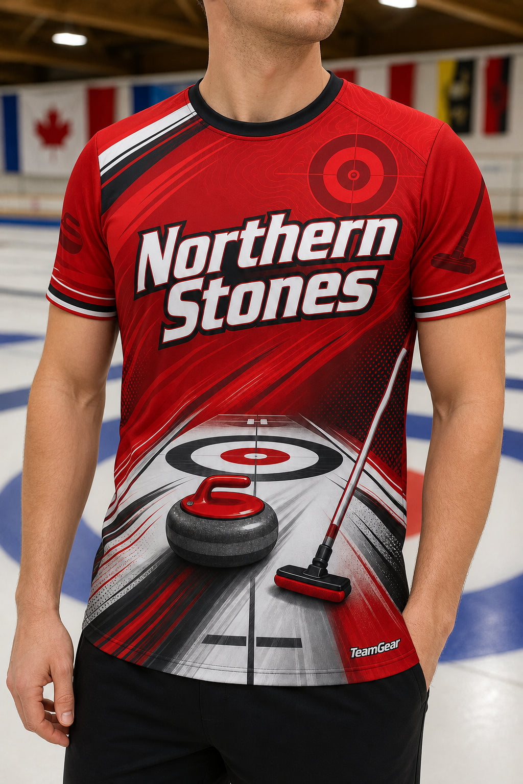 Northern Stones Red Curling Jersey — custom curling jersey worn on model — TeamGear Canada