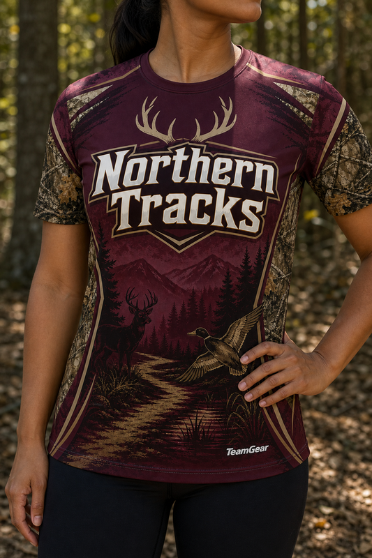 Northern Tracks Maroon Hunting Jersey — custom hunting jersey worn on model — TeamGear Canada
