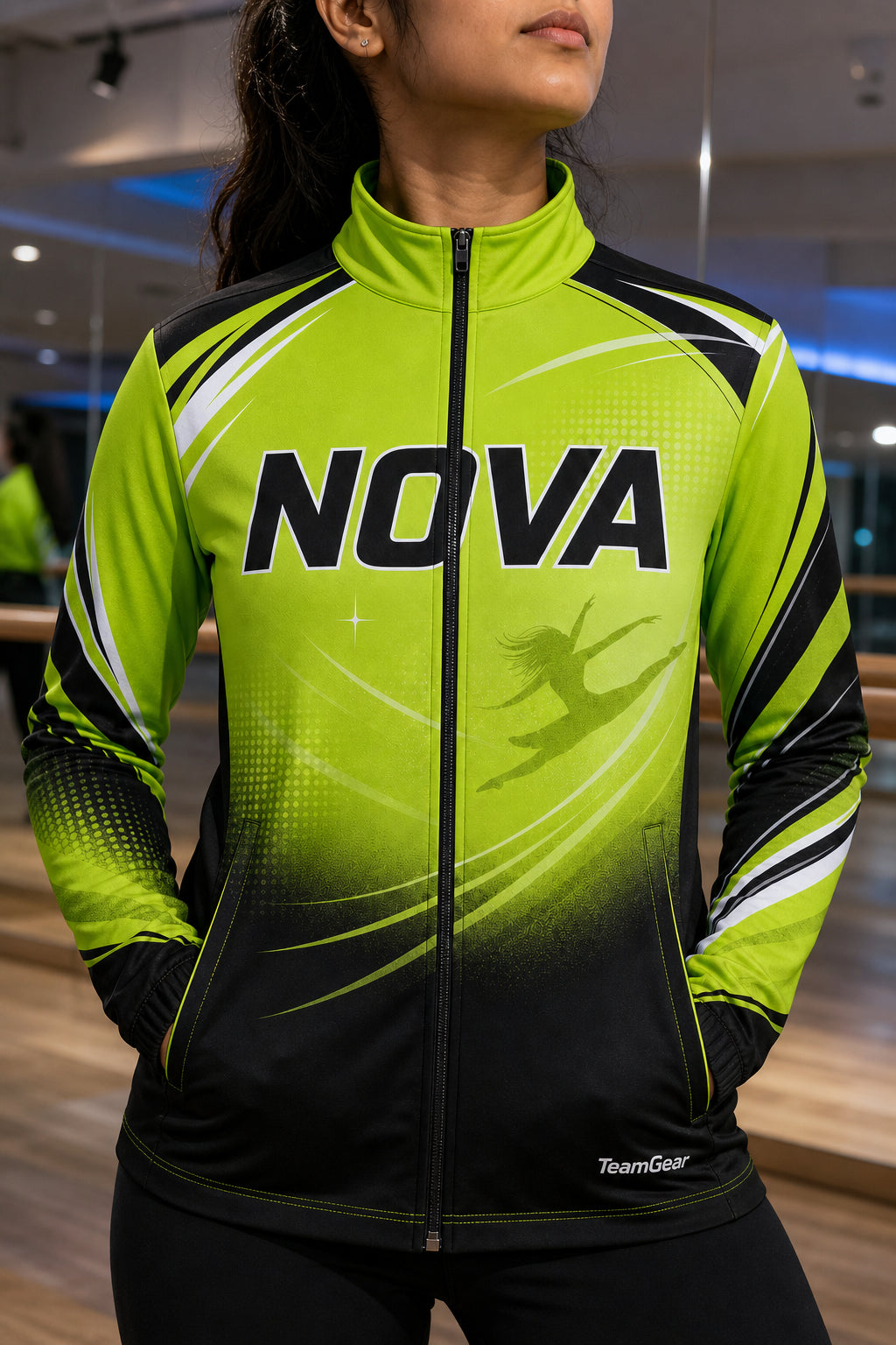 Nova Lime Dance Jacket — custom dance jacket worn on model — TeamGear Canada