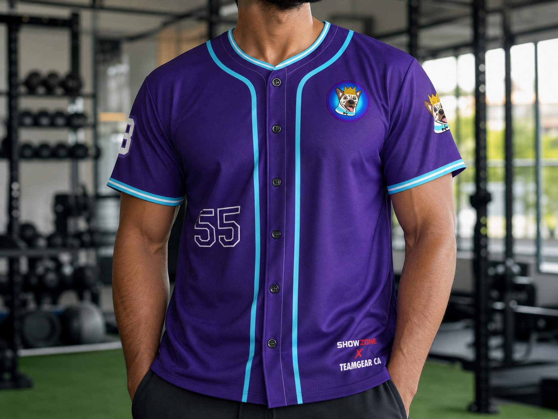 NutzyPoo Purple Jersey Full Button — custom jersey worn on model — TeamGear Canada