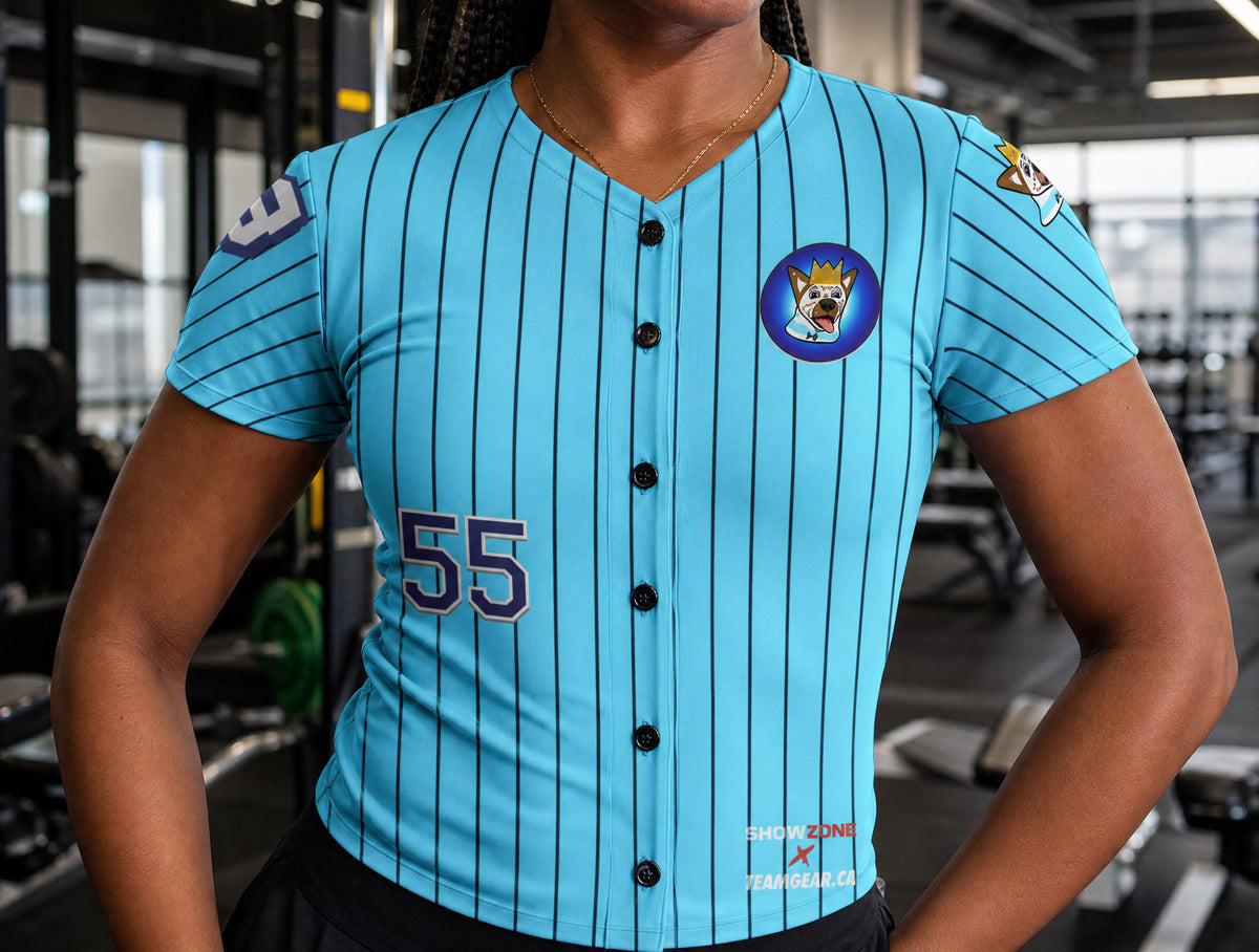 NutzyPoo Teal Jersey Full Button — custom jersey worn on model — TeamGear Canada