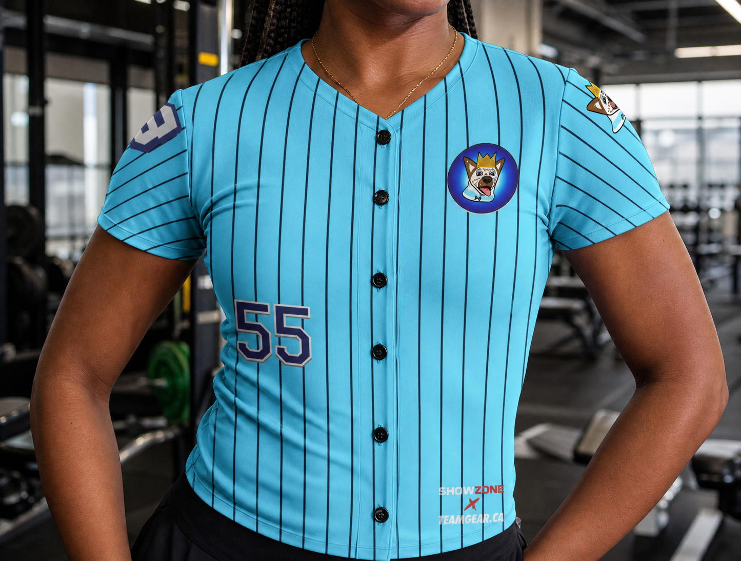 NutzyPoo Teal Jersey Full Button — custom jersey worn on model — TeamGear Canada