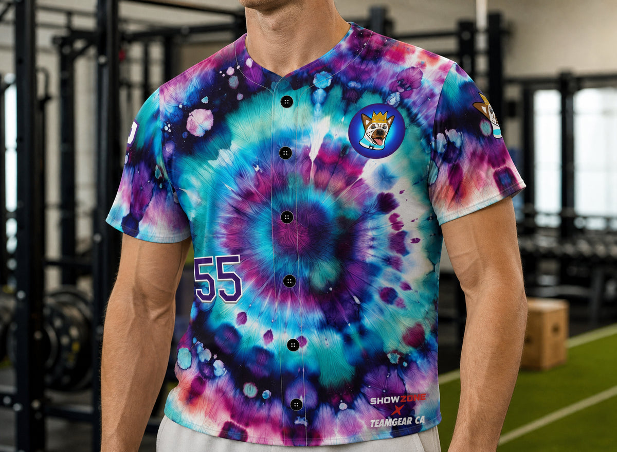 NutzyPoo Tie-Dye Jersey Full Button — custom jersey worn on model — TeamGear Canada
