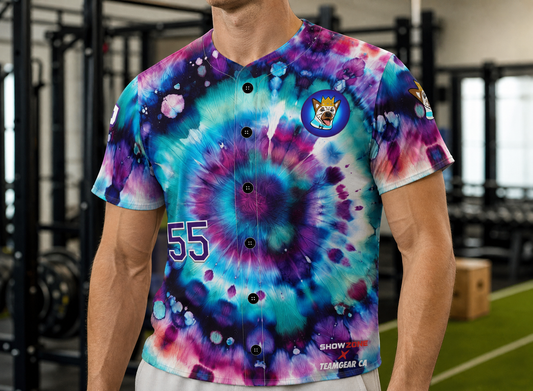 NutzyPoo Tie-Dye Jersey Full Button — custom jersey worn on model — TeamGear Canada