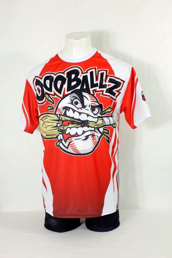red custom slopitch jersey with short sleeves