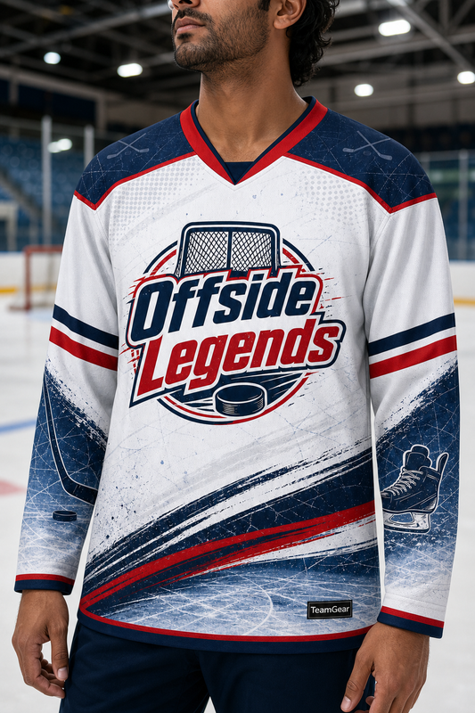 Offside Legends White Hockey Jersey — custom hockey jersey worn on model — TeamGear Canada