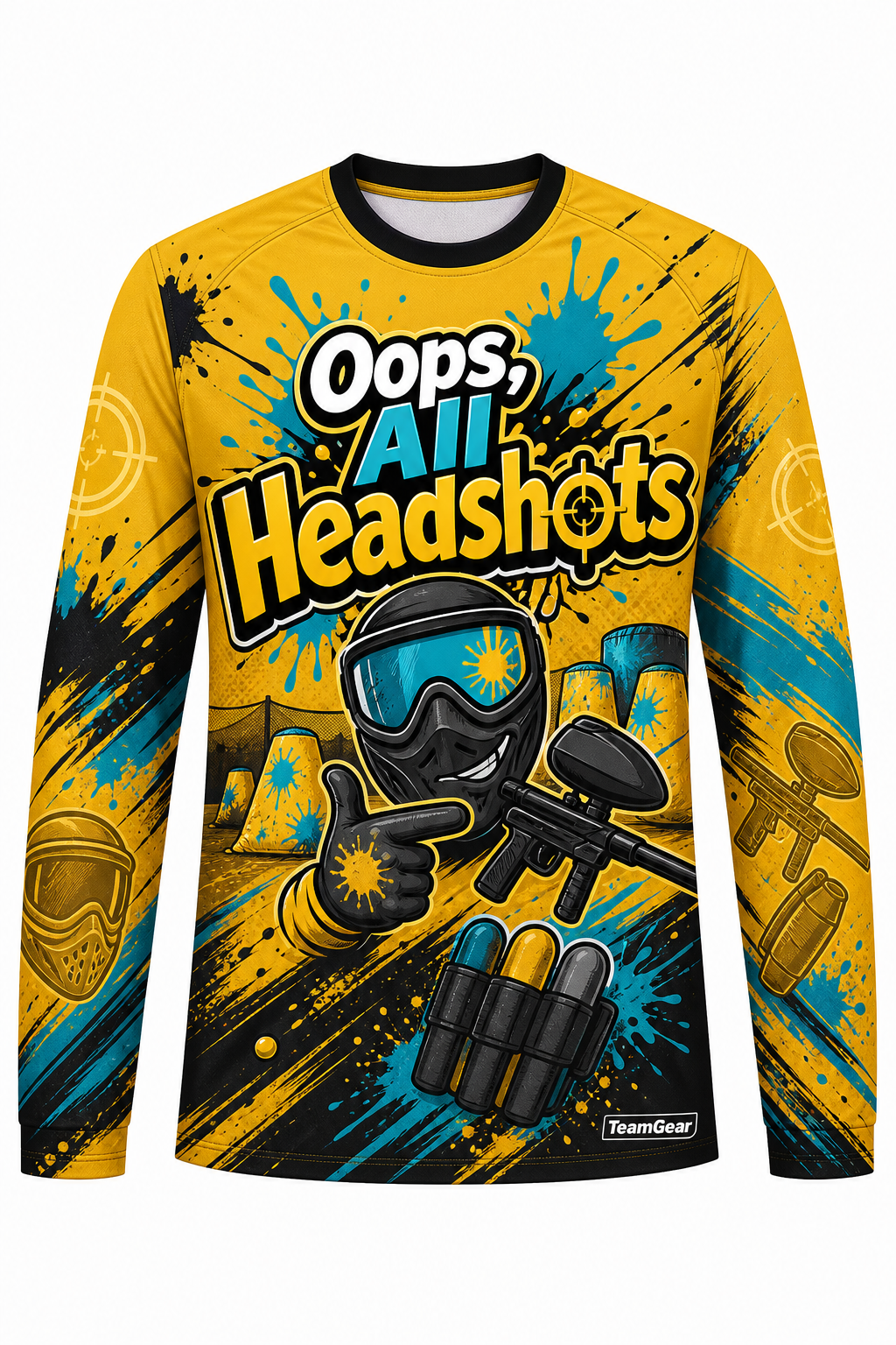 Oops, All Headshots Gold Long Sleeve Paintball Jersey design