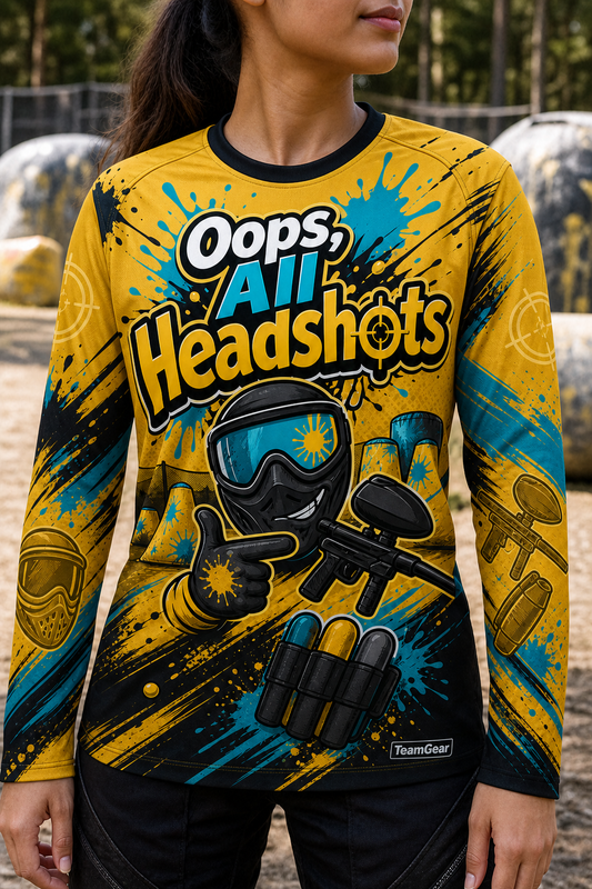 Oops, All Headshots Gold Long Sleeve Paintball Jersey — custom paintball jersey worn on model — TeamGear Canada